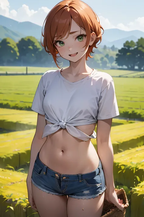 (((SHARP detail perfect face))), (flat chest), (nice hips), detailed skin, ((masterpiece)), best quality, (SHARP details), 4k, (((femboy))), (((farm))), ((front tied farm shirt)), (ginger hair), sweat, (trap), green eyes, looking at viewer, short hair, (ha...