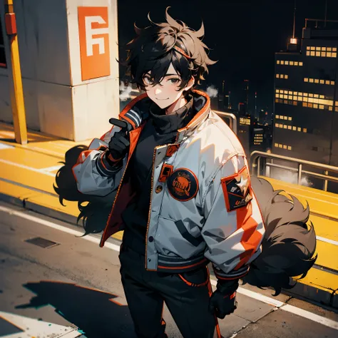 1male,Goggles On Head,Black Gloves ,Letterman Jacket,Modern City Background, Black Hair , Smiling Expression , Black Eyes, Messy Hair , Standing on sidewalk , Adult Male