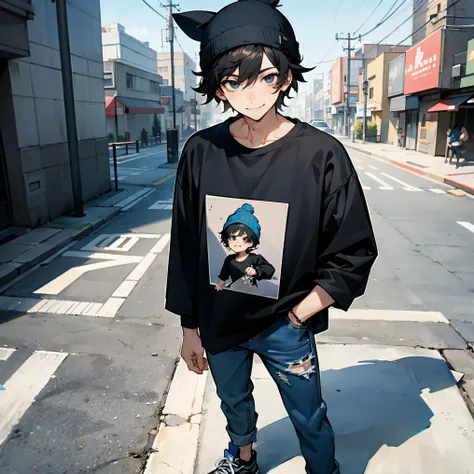 1male, Jeans , Sneakers,Baggy Black Longsleeve T-Shirt,Modern City Background, Black Hair , Smiling Expression , Black Eyes, Messy Hair , Standing on sidewalk, Baby Blue Beanie , Adult Male , Minimal Hair Showing