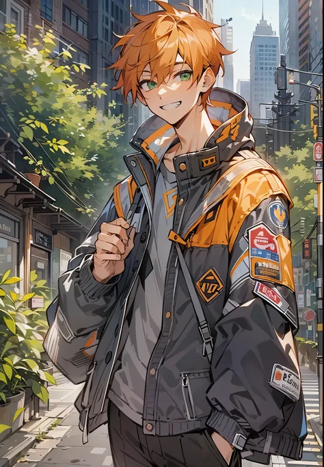 1male, Teen, Amber Orange Hair, Short Hair, Undercut Hair, Green Eyes, Jacket, Watch, City, Walking on Path, Grin