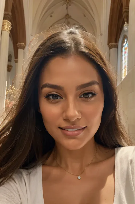 close-up selfie of an extremely beautiful Mexican woman, capturing her face in ultra-high detail. She exudes confidence and elegance, with her white solid color shirt just visible at the edge of the frame. Her long hair, flowing down to her lower back in s...