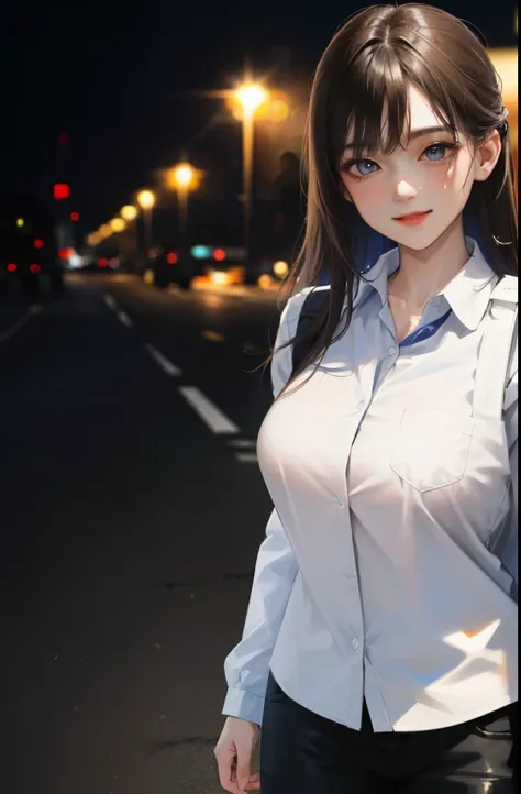 (highest quality, masterpiece: 1.1), (genuine: 1.4), (Location: dark night club),break
女の子:1.2),super detailed face, fine eyes,((light brown hair, big breasts: 1.2)),Around 18 years old,(big breasts),smile, break 
(white collared shirt, black pants, long s...