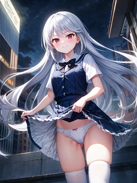 Super Detailed Game CG, (High resolution:1.1),(absurd:1.1), highest quality, High resolution, highest resolution, very detailed, anime, city, building roof, night, starry sky, pretty girl, 1 girl, kazami kazuki, silver hair, long hair, red eyes, small brea...