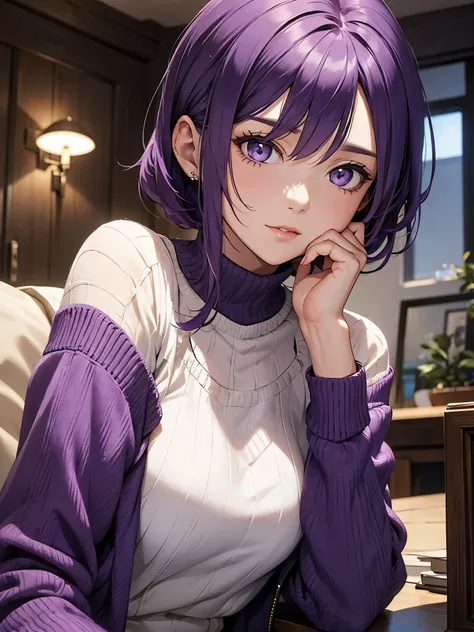 A mature girl, purple hair