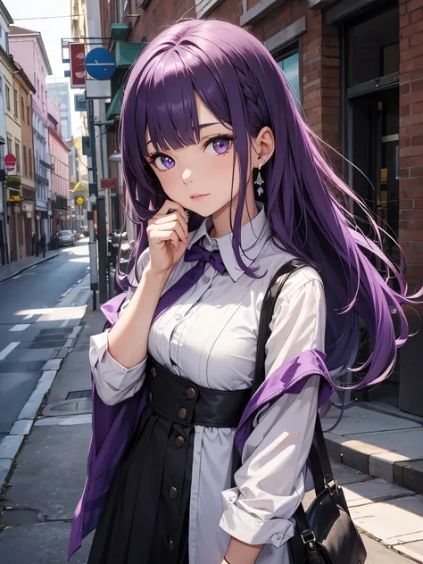 A mature girl, purple hair