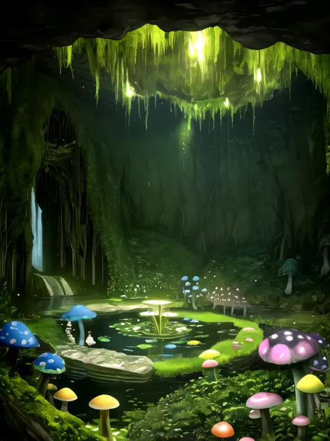 inside a dark cave、There is a pond in the center、The only light source is the light moss、lots of beetles、giant mushroom