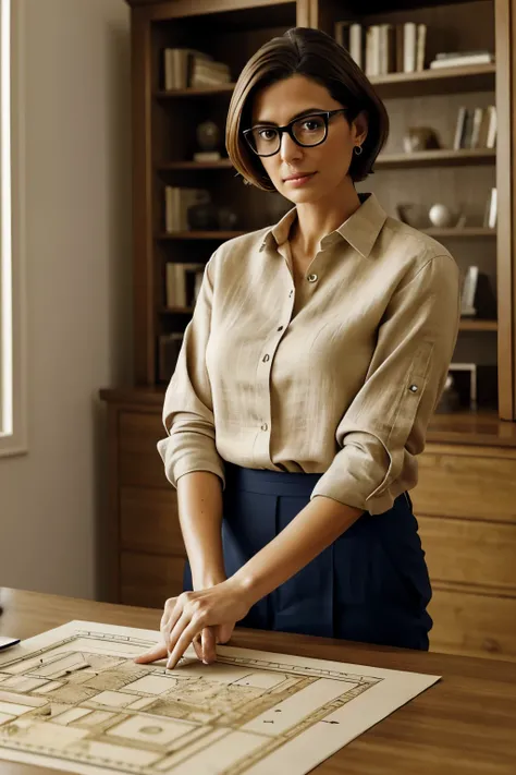 Woman architect named Lina Bardi, around 50 years old, short bob hair with a few strands falling on her forehead, glasses framing her intensive brown eyes, serious expression, wearing a linen blouse and khaki trousers, rolls up the sleeves showing muscular...