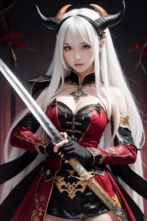 ( absurdly , high quality , Super detailed,See photographer ),  ((Pose of a swordsman holding a sword grip)) ((devil、vampire night))、1 girl, alone, (((very long white hair))), 美しいクリスタルのeye ( eye ) baroque, necklace, elegant, colorful、leather mini skirt,(((...