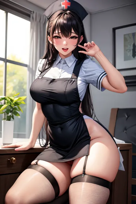  best qyality, juicy thighs, stockings, legs, 8k, woman, nurse in a dark apron, sexy ahegao face