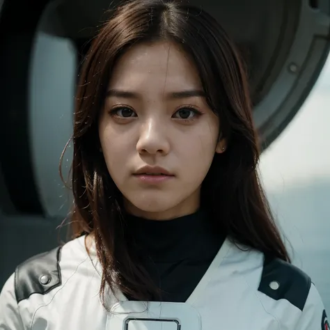 jisoo from blackpink wearing a deep sea diving suit without the helmet, her face emotion is angry