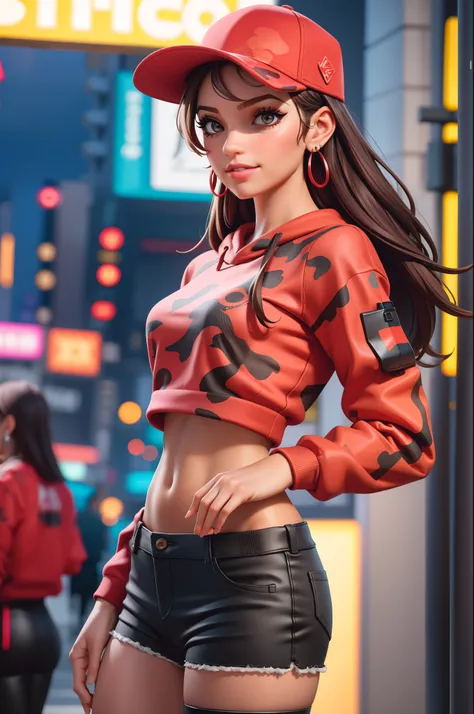 1girl, beautiful, smirk, wearing a hat, earrings, red camo sweatshirt, red_short shorts, long hair, brown hair, mascara, nose lips, standing, midriff, naval, earrings, (realistic:1.5), cyberpunk, neon city, neon lights, 3d, cgi, volumetric lighting