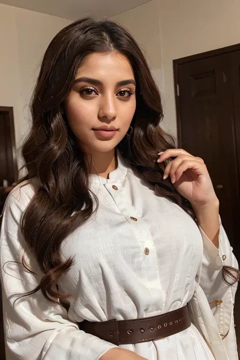 high Quilty, real, Instagram influencer profile, reem A 25 year women with Saudi roots, almond round light brown eyes, light Arabic skin, full cute lips, chocolate cherry wavy hair medium long, wearing simple white abaya 