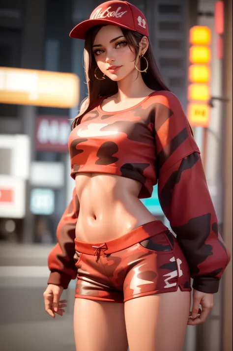 1girl, beautiful, smirk, wearing a hat, earrings, red camo sweatshirt, red_short shorts, long hair, brown hair, mascara, nose lips, standing, midriff, naval, earrings, (realistic:1.5), cyberpunk, neon city, neon lights, 3d, cgi, volumetric lightning