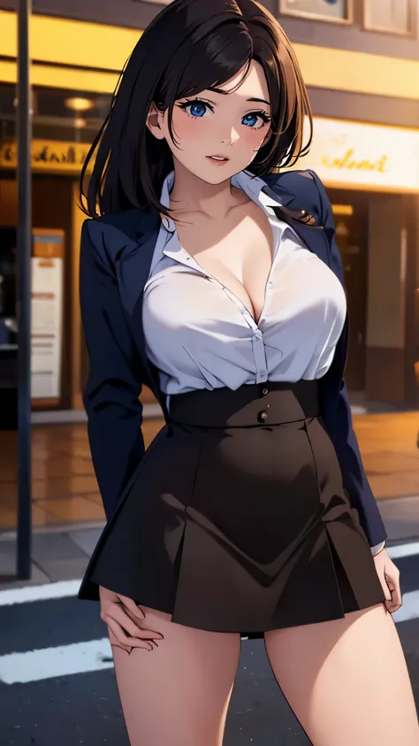 ((high-definition images, atmospheric perspective, 8k, super detail, accurate, best quality, single shot)), a women, casual clothes, tight skirt, jacket, unbuttoned shirt, ((ecstasy face)), (eyes realistic sizing, drooping eyes, blush, smile), slut, ((open...