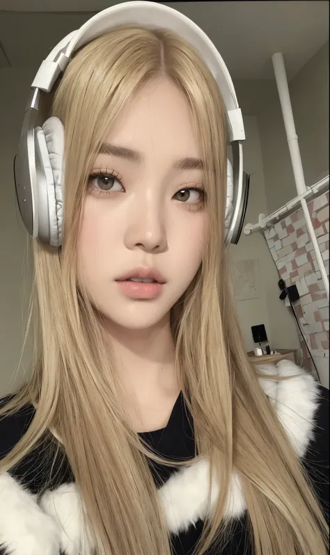 Blonde girl with headphones and a drink in a room., ulzzang, Lalisa Manobal, parque roseanne de blackpink, Lalisa Manoban de Blackpink, muchacha coreana, bella delfina, pelo largo y blanco y flequillo, maquillaje popular de corea del sur, ig model | germen...