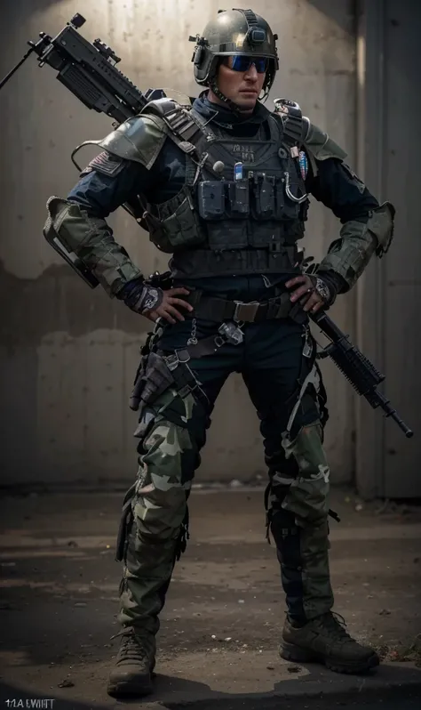 soldado masculino, cara alemana muy masculina, Casco militar azul, tactical sunglasses, uniforme militar azul oscuro, chaleco antibalas de metal con hombreras de metal, cinturones con municiones, en su espalda lleva un rifle de francotirador, botas militar...