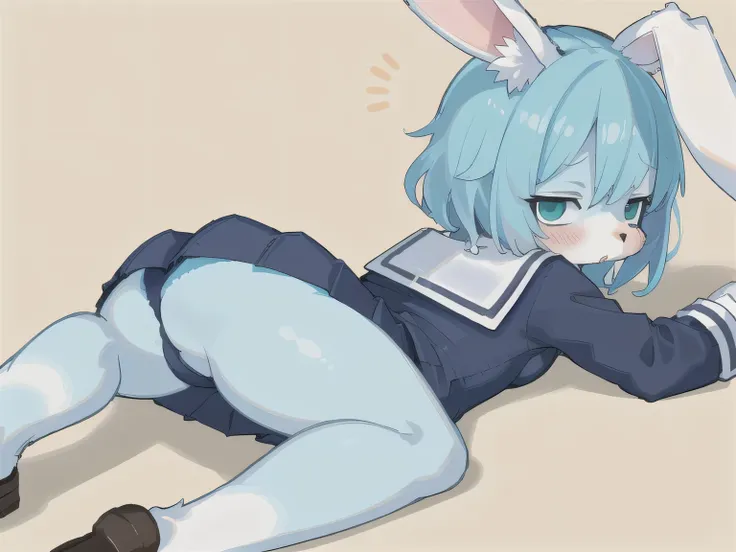 contempt, anger, half closed eyes, Simple dead eyes,Aqua hail, tights,short hair,{{{Lop-eared rabbit}}},light blue and white skin,school uniform, sailor suit,blush,aqua rabbit ears,woman,furry,cute,sailor suit,hair ribbon,lying on the ground