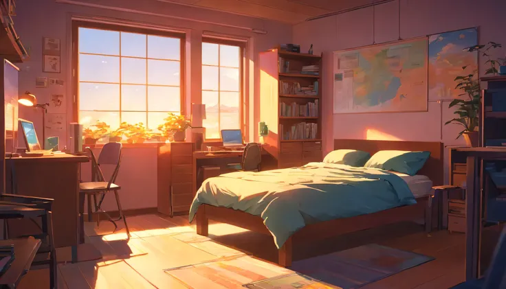 student dormitory, aconchegante, simple furniture, cama grande, ambiente noturno, Motor irreal, Greg Rutkowski, lazy, Rhads, bipe, Makoto Shinkai e Lois Van Baarle, Ilya Kuvshinov, Rossdraws, Tom Bagshaw, Alphonse Mucha, Global illumination, ambiente detal...