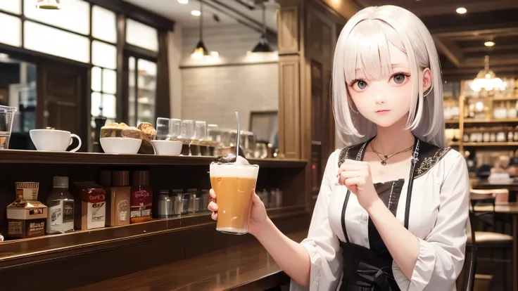 Cafe, sad girl, white hair