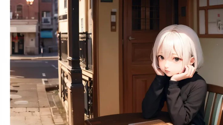 Cafe, sad girl, white hair