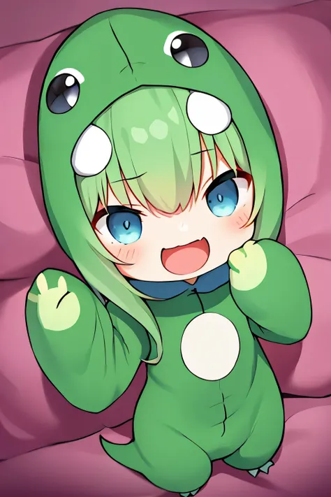 anime、Chibi girl wearing a deformed lizard costume、cute pose、laughter