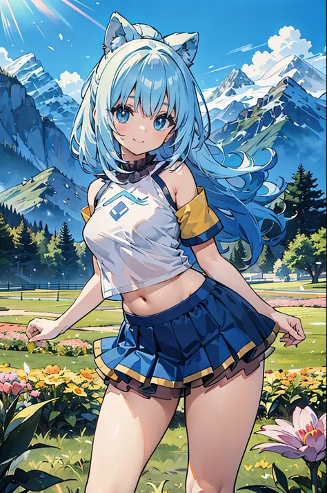 ealistic image, coherent image, detailed image, 1 beautiful girl. She has light blue hair, long hair. Her eyes are light blue, long eyelashes. Her face is oval and delicate, smiling. She is wearing a short-sleeved off-the-shoulder t-shirt, showing her nave...