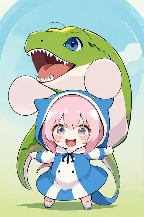 anime、Chibi girl wearing a deformed lizard costume、cute pose、laughter