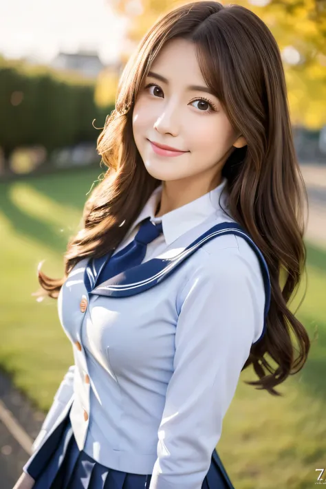 school uniform,pantyhose,cute,mature youth,wonderful,whole body,肌が柔らかくてperfect face、perfect face,gorgeous long wavy brown hair,8K resolution,surreal,Super detailed,high quality,huge breasts:1.7),emphasize cleavage,