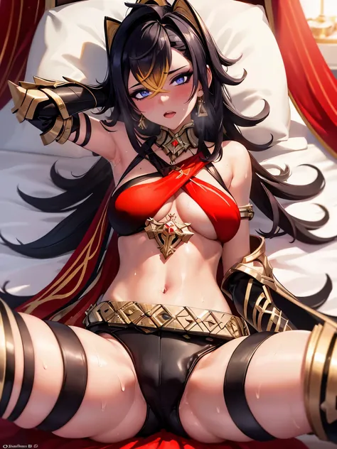 UHD,textured skin, high details, anatomically correct,SOLO,(1 Female,dark skin,Big oppai),(black long hair)，(wearing A loose bikini Armor)，(Spreading legs:1.7),(Lying on the Lux bed:1.7)(hotel bedroom)，(hands behind her head:1.7),(sweating skin:1.7),(full ...