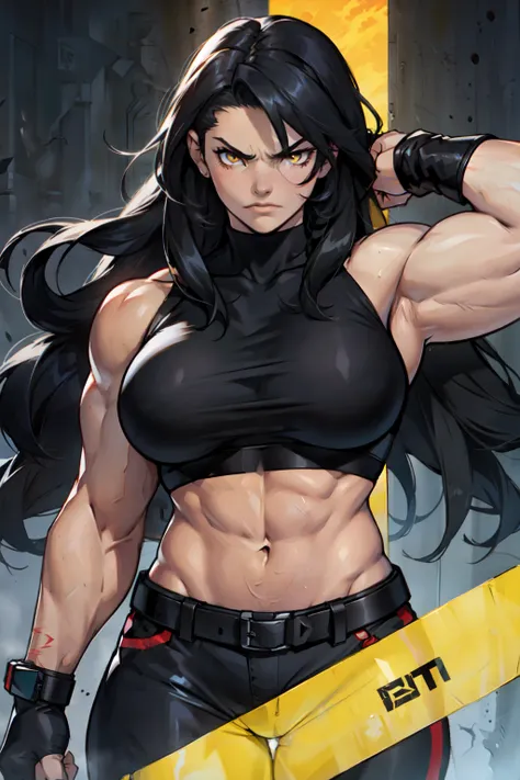 angry 1girl ((huge muscles)) pale skin black hair very long hair yellow eyes midriff