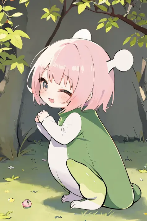 anime、Chibi girl wearing a deformed lizard costume、cute pose、Take a photo from the side、laughter