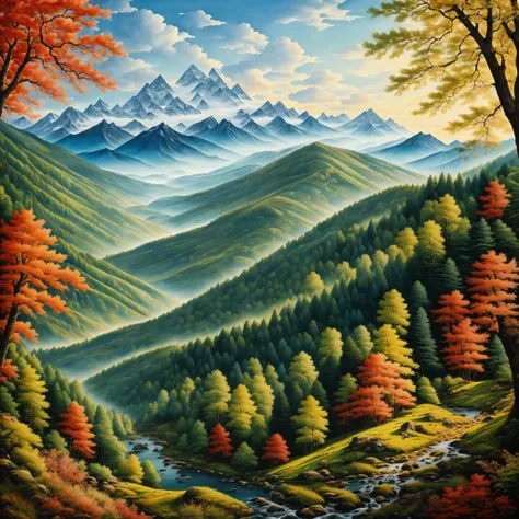 Painting of majestic mountains and trees in a landscape illustration, taking an aerial view as if overlooking a breathtaking scene. The mountains are depicted with intricate details, showcasing their grandeur and majesty. Every tree is meticulously painted...