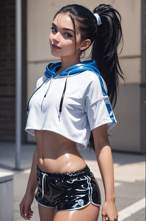 18 year old girl, black hair, blue eyes, (white latex short shorts), ponytail, realistic, (photorealistic: 1.4), smirk, crop top hoodie, looking back at the viewer