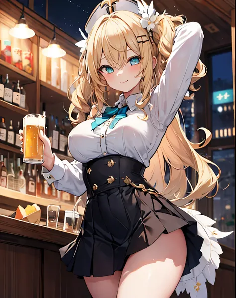 masterpiece,1girl, sparrow, a blonde haired girl, wearing a priestess uniform, curly long hair, messy hair, black skirt, slim bo...