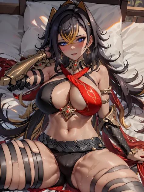 UHD,textured skin, high details, anatomically correct,SOLO,(1 Female,dark skin,Big oppai),(black long hair)，(Wearing A loose bikini Armor:1.7)，(Spreading legs:1.7),(Lying on the Lux bed:1.7)(hotel bedroom)，(hands behind her head:1.7),(sweating skin:1.7),(f...