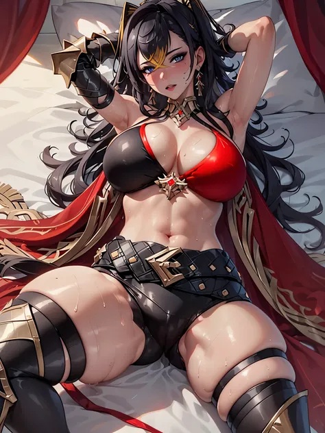 UHD,textured skin, high details, anatomically correct,SOLO,(1 Female,dark skin,Big oppai),(black long hair)，(Wearing A loose bikini Armor:1.7)，(Spreading legs:1.7),(Lying on the Lux bed:1.7)(hotel bedroom)，(hands behind her head:1.7),(sweating skin:1.7),(f...