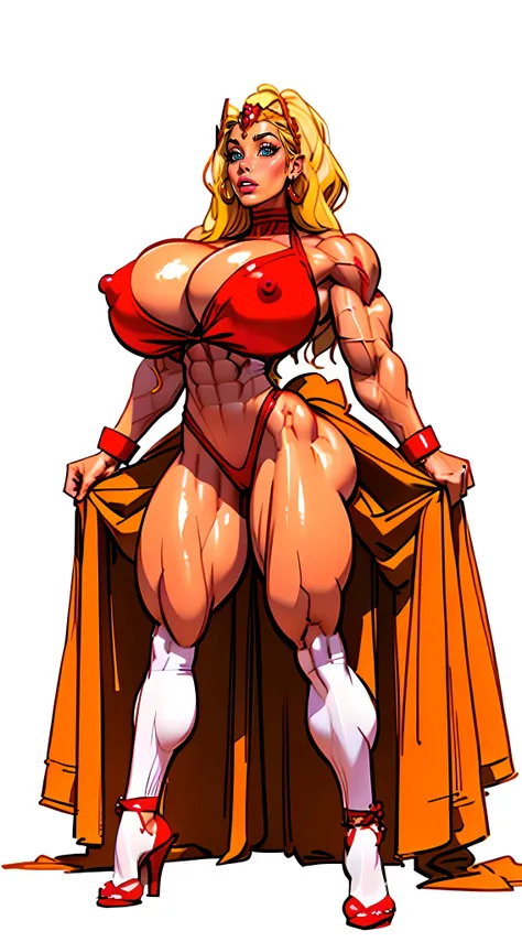 ((NSFW)), ((she-ra costume)), ((full body view:1.4)), ((masterpiece)),(((best quality))), ((mature face)), defined cheekbones, high cheekbones, illustration, ((muscular:1.3)), ((gold:1.4)), sexy bimbo, (gigantic breasts:1.85) , blonde hair, ((detailed face...