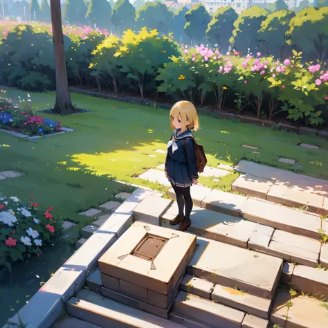 (highest quality,High resolution,super detailed,realistic:1.37),peaceful atmosphere,(outdoors,garden),teenage girl standing alone,beautiful detailed features,cute smile,(blonde bob hair),navy sailor suit,pleated skirt,black tights,brown leather shoes.