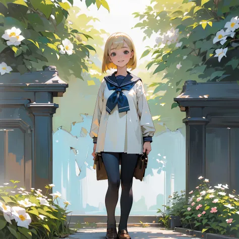 (highest quality,High resolution,super detailed,realistic:1.37),peaceful atmosphere,(outdoors,garden),teenage girl standing alone,beautiful detailed features,cute smile,(blonde bob hair),navy sailor suit,pleated skirt,black tights,brown leather shoes.