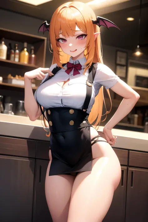 best qyality, 8k, fit thighs, fit figure, stocking suspenders, legs, , woman, succubus, in a dark apron, medium breasts, sexy ahegao face