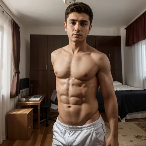 Ermik Riahi, an Armenian-Iranian boy, muscular body,enocent face,baby face,elongated face, white skin, standard and normal face, protruding chin, colored eyes,in teenage room