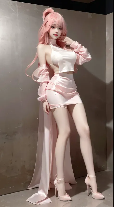 8k, Surreal, masterpiece, best quality, Super detailed, high resolution, random background, 1個Giant Breast Girl, (:1.5), Willow Yao, pink skirt，translucent，pink hair，stand，whole body，High heel，High heel，whole body，white silk