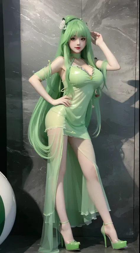 8k, Surreal, masterpiece, best quality, Super detailed, high resolution, random background, 1個Giant Breast Girl, (:1.5), Willow Yao, Green Lolita，translucent，green hair，stand，whole body，High heel，High heel，whole body，