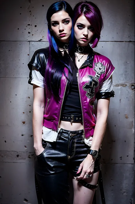 2heads, two headed woman, age 24, pale skin, short black hair with magenta streaks in front, punk rock fashion,