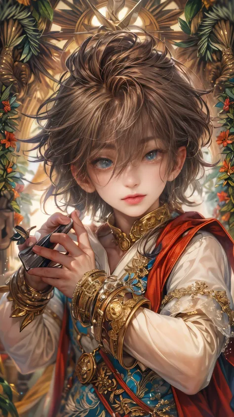 (absurdres, highres, ultra detailed, HDR), masterpiece, Intricate details,best quality close-up picture of a character from Grimms Fairy Tales, handsome adult boy in tim burton style, anime eyes, Hero Outfit, in a legend of mana style of interior home desi...