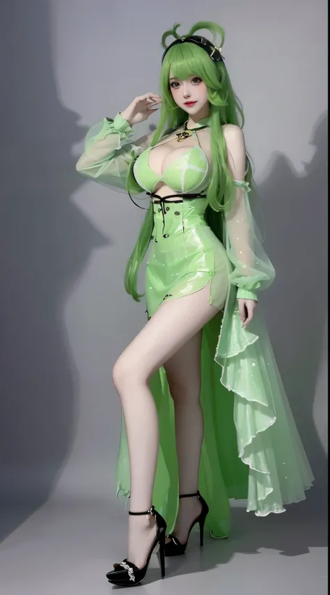 8k, Surreal, masterpiece, best quality, Super detailed, high resolution, random background, 1個Giant Breast Girl, (:1.5), Willow Yao, Green Lolita，translucent，green hair，stand，whole body，High heel，High heel，whole body，