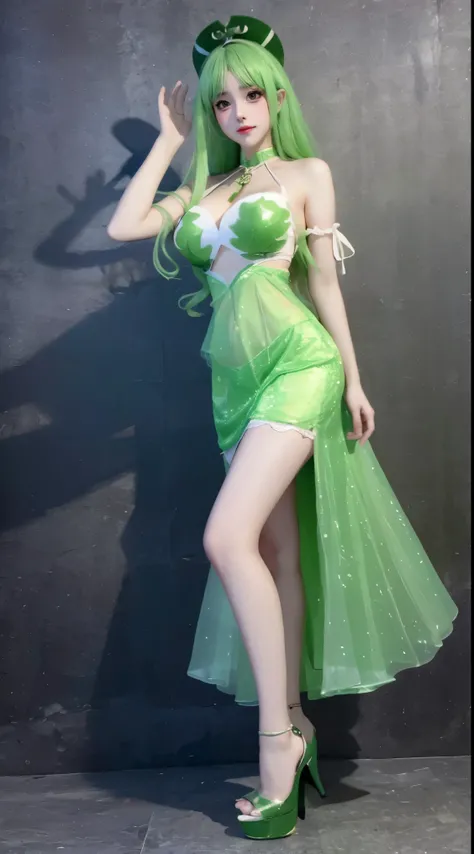 8k, Surreal, masterpiece, best quality, Super detailed, high resolution, random background, 1個Giant Breast Girl, (:1.5), Willow Yao, Green Lolita，translucent，green hair，stand，whole body，High heel，High heel，whole body，