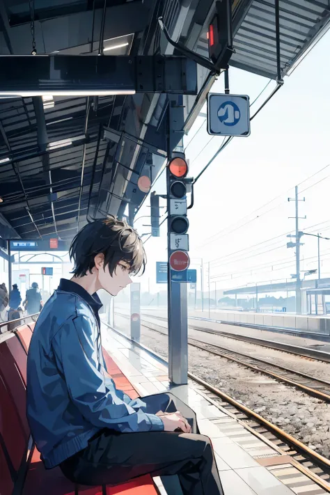 A sad boy is sitting on a bench in a modern railway station when a high speed train is coming, view from side and back, crowd of people with blur, sadness, light tone blue