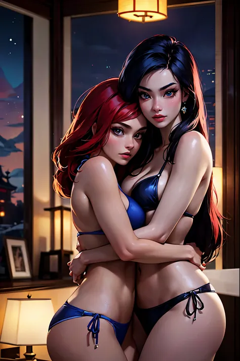 (Masterpiece, best quality, rich detail, realism: 1.3), (26 years old) (ulzzang-6500-v1.1:0.7), 2girl, upper body, (hips, sexy body, beautiful: 1.3), (((two women hugging in a living room ))), (((mulan from disney))), (((ariel red hair from disney))), (((t...