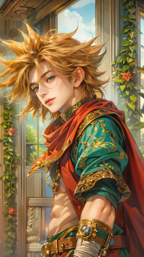 (absurdres, highres, ultra detailed, HDR), masterpiece, best quality, legend of mana character, boy hero, guy villain , detailed face, handsome face, anime eyes, inside home beside window, detailed character, detailed indoor, detailed home, art kenouji